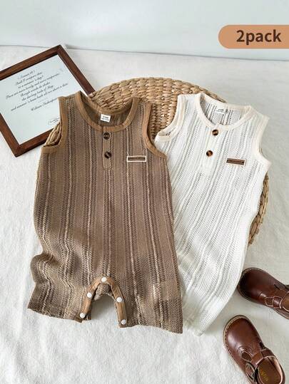 Playful Pals Set de 2 piezas Mono sin mangas con diseño de malla hueca de moda casual para bebés niños, adecuado para salidas de primavera/verano, vacaciones y uso diario