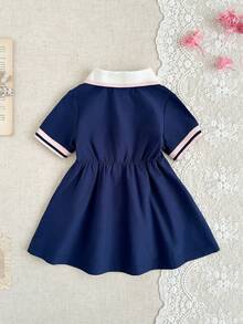 SHEIN 1pc Infant Girls' White Casual Dress, Ribbed Collar & Cuffs, Suitable For Casual Wear, Outdoor, Sports, And Parties - Navy Blue - View 2