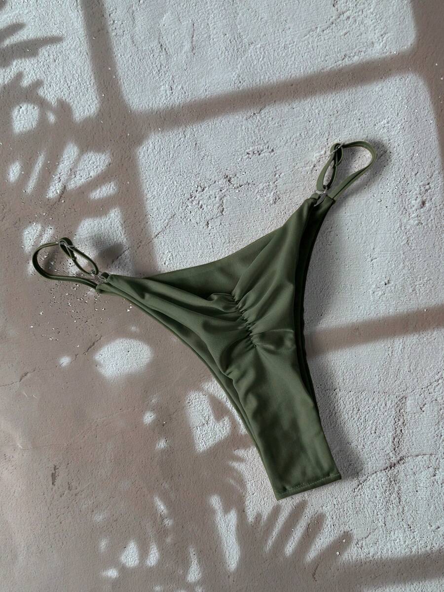 Swim Chiccia 1件装女士纯色丁字裤比基尼泳裤,简约设计 - 軍綠色 - 查看 1