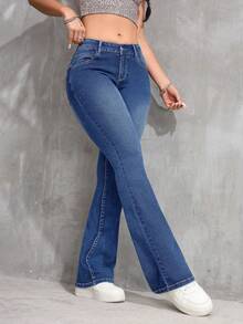 SHEIN CURVE+ 大码牛仔女郎蓝色弹力紧身牛仔裤，春季款 - 深色水洗藍 - 查看 5