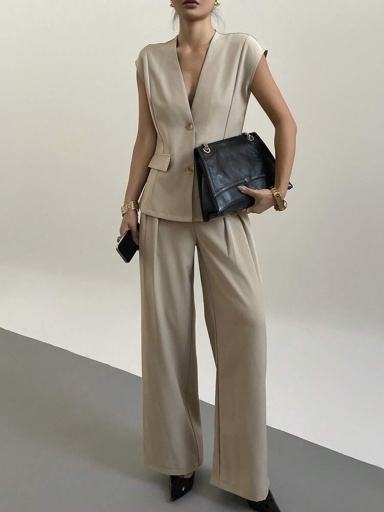 2pcs/Set Women Sleeveless V-Neck Cinched Waist Top And Casual Pants