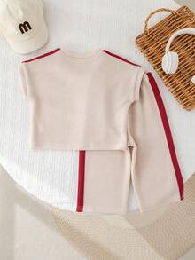 SHEIN 2pcs/Set Unisex Baby Clothes, Baby Boy Casual Sports Red Ribbon Top T-Shirt And Wide Leg Pants Set, Summer/Spring - Multicolor - View 2