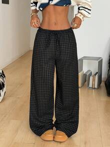 Coolane Women's Summer Country Concert Going Out Beach Outfits Boho Basic Minimalist Washed 100%Cotton White Pants Curved Hem Black Plaid Pants - Black - View 6