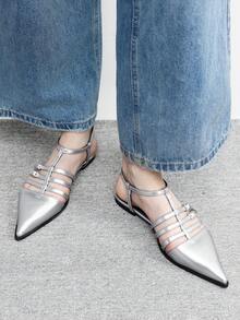 CUCCOO BIZCHIC Women's Pointed Toe Buckle Design Casual Fashionable Flat Shoes - Silver - View 3