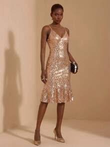 JIAN LASALA V Neck Spaghetti Straps Patterned Sequin Mesh Mermaid Hem Party Dress Women Short Sexy Dress Black Sequin Midi Dress Sparkly Cocktail Dress Glitter Dress Sleeveless Midi Dress Black Sequin Dress Sparkly Dress Midi Cocktail Dress Sequin Dress Luxury Stylish Clothing Collection Elegant - Khaki - View 2