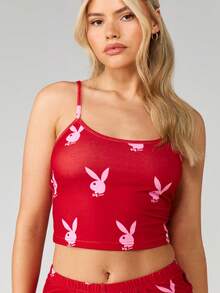 Missguided x Playboy Conjunto de dos piezas con estampado de conejo, top corto tipo camiseta con shorts a la cintura a juego, conjunto casual de verano coordinado para el Día de San Valentín - Rojo - Ver 5