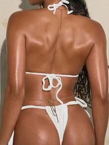 Swim SXY 低胸性感迷你镂空蝴蝶结吊带女式比基尼套装 - 白色 - 查看 2