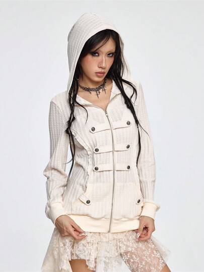 Grunge Punk Steampunk Military Sailor Double-Breasted Zipper Metal Button Ivory Knit Hoodie