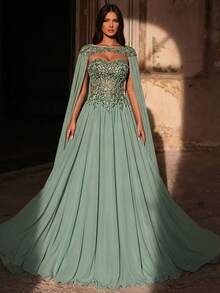 Aureia 优雅奢华的珍珠串珠花卉雪纺超大泡泡袖长款连衣裙，适合婚礼、派对、度假、盛大晚宴、正式场合（装饰繁复） - 銀色 - 查看 6