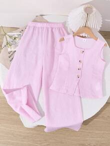SHEIN 2pcs/Set Tween Girls Elegant Casual Square Neck Button Textured Striped Camisole Top And Loose Wide Leg Pants Set, Suitable For Daily, Commute, Casual, Vacation, Gathering With Friends, Party - Pink - View 7