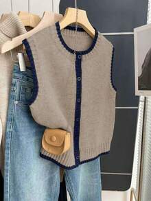 Franclia Áo vest len nữ màu kaki dáng rộng cổ tròn phối viền tương phản kiểu Pháp, thích hợp cho mùa thu/đông. - Màu Khaki - Xem 4