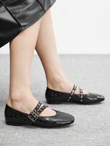 CUCCOO BIZCHIC Quadratische Zehenkappe Vintage Nieten Schnallen Mary Jane Schuhe, Damen Flache Ballett Schuhe mit niedrigem Rist und verstecktem Keilabsatz - Schwarz - Übersicht 4