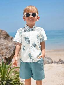 SHEIN Young Boy Summer Casual Vacation & Commute Floral Print Short Sleeve Shirt And Shorts Set - Blue - View 4