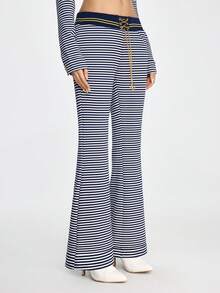 ROMWE Grunge Punk Spring/SummercasualNautical Navy Style Metal Chain Pendant Retro Flare Leg Low Waist Pants - Blue and White - View 7