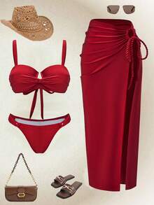 Swim Oasis 2022夏季度假沙滩高级优雅交叉裹身加垫红色三件套泳衣