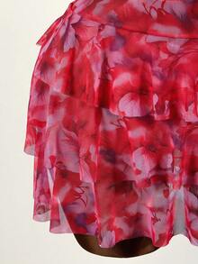 Elamini 女士夏季沙滩印花露背系带性感比基尼套装，含罩衫和裙子 - 紅色 - 查看 8