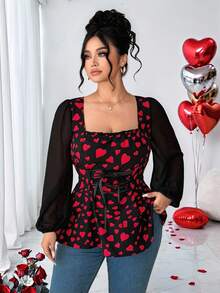 Elenzga 大码女士优雅方领心形印花雪纺袖系带腰身衬衫，情人节衬衫 - 紅色 - 查看 3