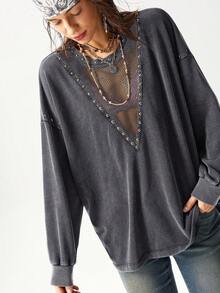 Bohemela Áo sweatshirt nữ dáng rộng, cổ tròn, màu trơn, chất liệu dệt kim, đã qua xử lý giặt, thích hợp mặc thường ngày. - Xám - Xem 6