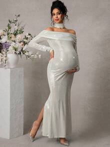 Cheriluna Maternity 孕妇写真露肩长袖修身鱼尾连衣裙，配腰带