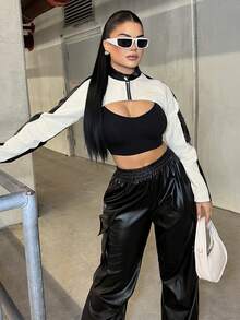 Dayanna Comas Chaqueta de mujer de manga raglán de dos tonos, muy corta, ropa de otoño sin sujetador - Multicolor - Ver 1