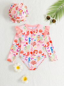 女童卡通美人鱼印花拉链连体泳衣 女童长袖泳衣 带防晒衣的女童泳装 女童防晒衣 女童连体泳衣 泳装 连体女童防晒衣 女童防晒衣 连体长袖泳衣 女童防晒衣泳衣 女童防晒衣 - 橘色 - 查看 3