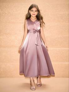 1pc Tween Girl Elegant Satin Sleeveless Waist Cinched Ruched Detachable Bow Decor Maxi Dress, Suitable For Daily, Party, Wedding, Spring/Summer - Pink - View 1