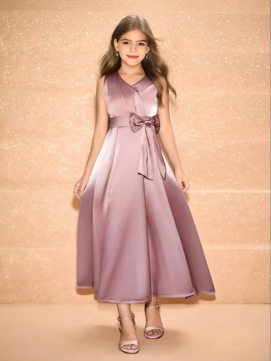 1pc Tween Girl Elegant Satin Sleeveless Waist Cinched Ruched Detachable Bow Decor Maxi Dress, Suitable For Daily, Party, Wedding, Spring/Summer - Pink - View 1