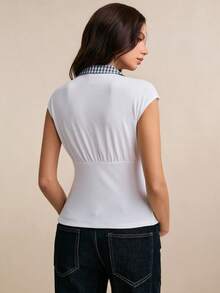 Poéselle Women's Contrast Plaid Collar Button-Front Ribbed Cap-Sleeve Crop Tee , Y2K Preppy Knit Contrast Collar Top, Summer Going Out Top - White - View 4