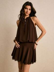 Poéselle Women's Elegant Solid Color Halter Mini Dress, Summer,French Style Dress,Brown Halter Neck Mini Dress - Elegant Sleeveless Flowy Dress For Summer, Party & Vacation Outfits - Coffee Brown - View 5