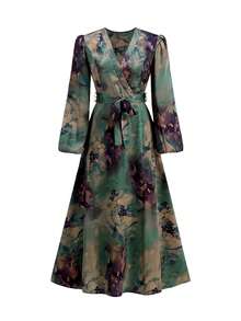 Ellevyn Women's Elegant Green Floral Print V-Neck Lantern Sleeve Wrap Dress,Autumn Long-Sleeved Fitted Waist Silk Acetate Robe For Party,Tea Party & Weddings - Dark Green - View 4