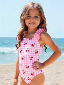 Emery Rose Kids Emery Rose Kids Young Girl Knitted Plaid Cherry Pattern One-Piece Swimsuit - Pink - View 2