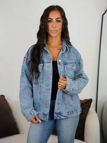 SAYEHFBABY 鈕扣前立領洗水牛仔夾克,帶翻蓋口袋 - 中等水洗藍 - 查看 5