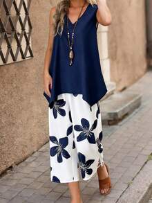 Louniche 女士V领不对称下摆衬衫和印花短裤两件套，度假休闲，春夏 - 藍色 - 查看 5