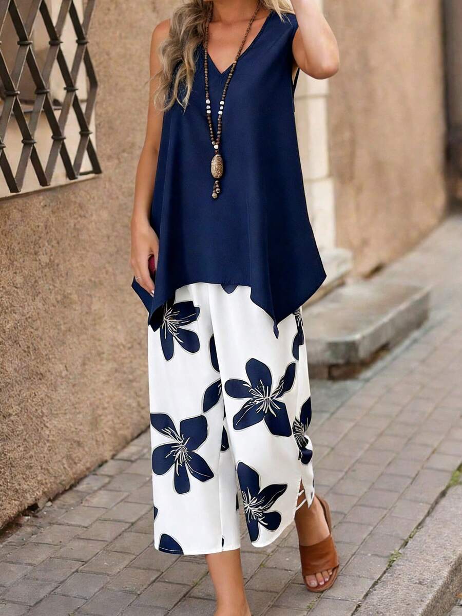 Louniche Women's V-Neck Asymmetrical Hem Shirt And Printed Shorts 2-Piece Set, Vacation & Leisure, Spring/Summer - Blue - View 1