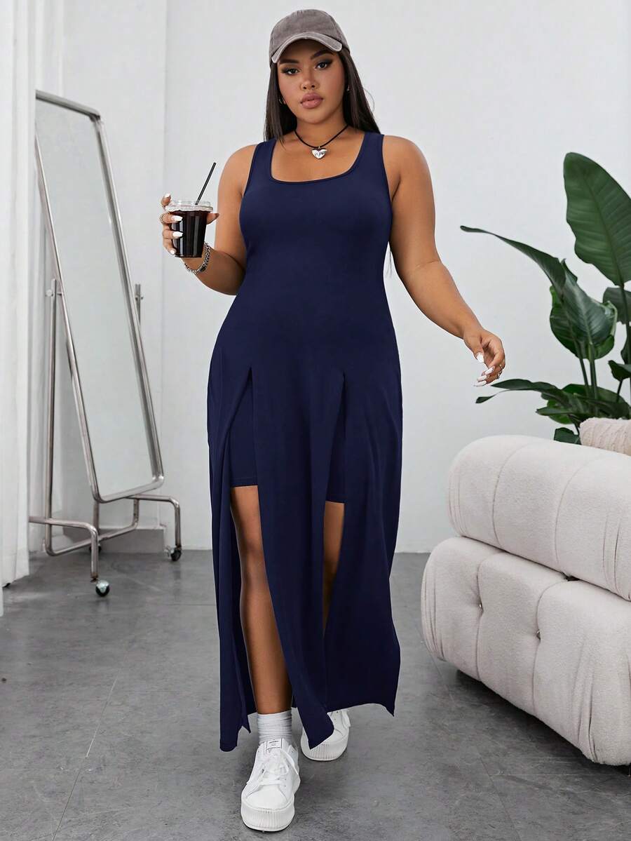 SHEIN Essnce Bộ đồ đôi mùa hè cỡ lớn, kiểu dáng thường ngày, màu trơn, gồm áo dài tay không tay và quần short, gồm 2 món: áo dài tay và quần short không tay. - Màu xanh hải quân - Xem 1