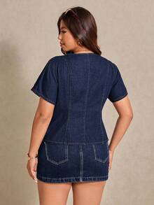 Elaquor 大码纯色V领插肩短袖牛仔上衣，夏季时尚之选 - 深色水洗藍 - 查看 4