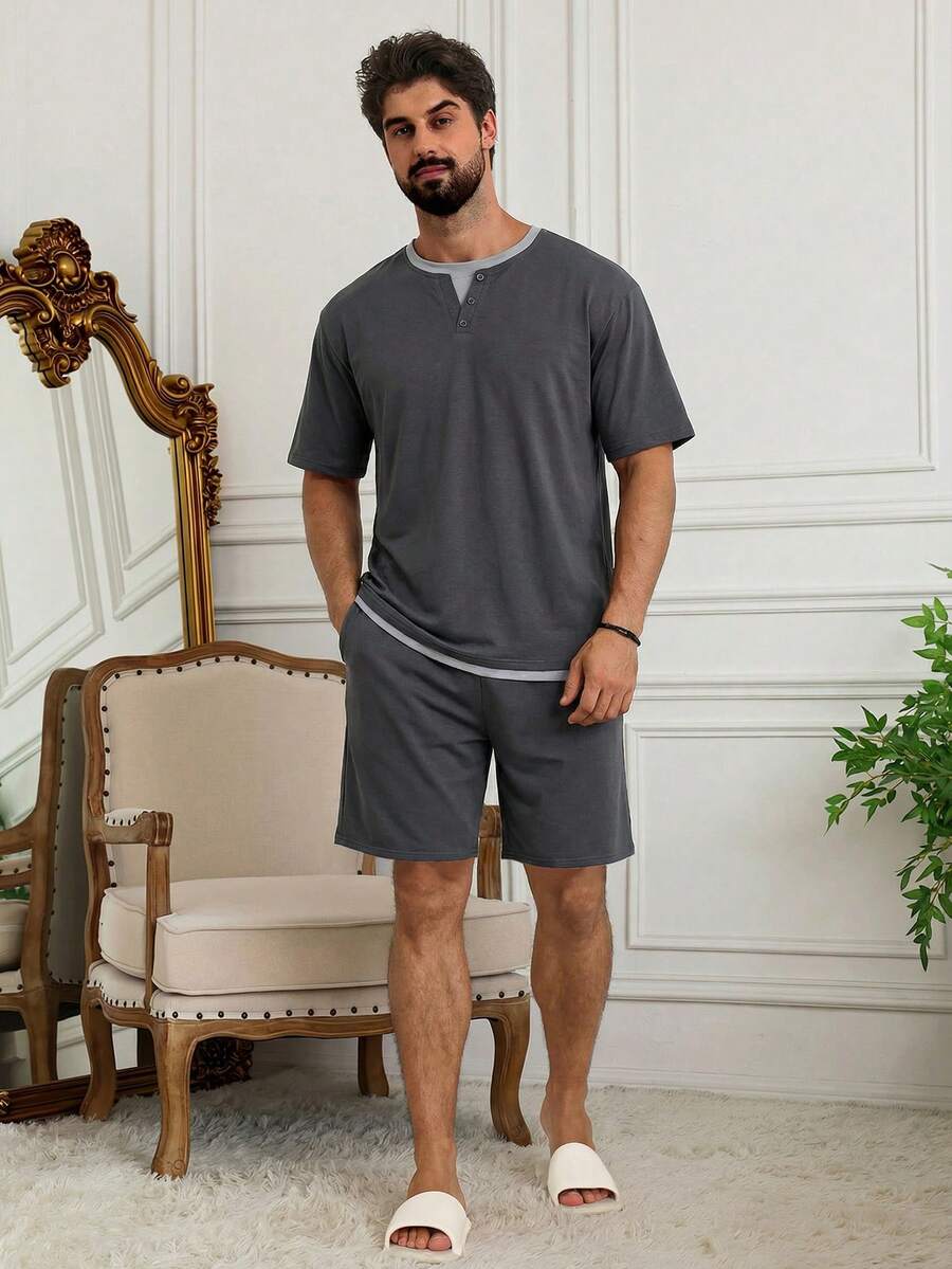 DAZY Bộ đồ ngủ nam màu xám tay ngắn và quần short, thích hợp cho mùa hè. - Xám - Xem 1
