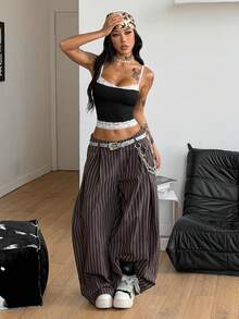 Coolane 女士春夏Y2K休闲街头风音乐节罗纹针织撞色蕾丝酒红色背心 - 黑色 - 查看 6