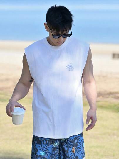 DAZY Men's Letter Print White Loose Tank Top, Summer