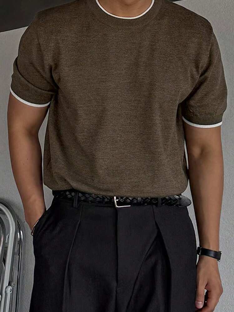 Men's Solid Color Crew Neck Brown Knit Sweater, Summer