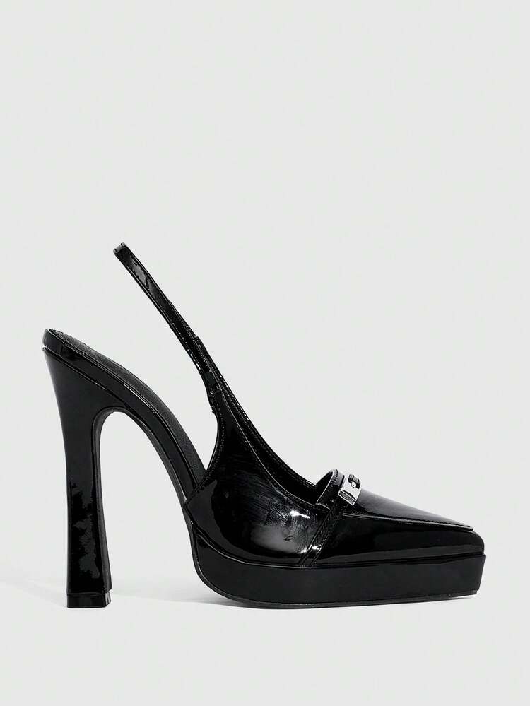 CUCCOO SZL Women's Pointed Toe High Heel Waterproof Platform Shoes, Buckle Decor, PU Leather, Fashionable Minimalist Design, Comfortable For Daily, Party, Banquet, Slip-On Backless Pumps