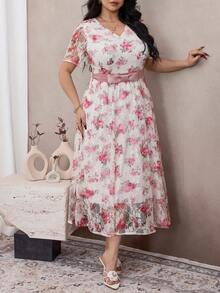 Modelyn Plus Size Lace Print Short Sleeve A-Line Bowknot Dress - Multicolor - View 4