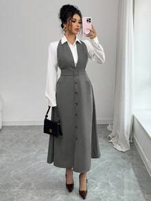 Rafferiza Khaki Trägerkleid mit Taschenverzierung, taillierter Passform für Damen, Herbst - Grau - Übersicht 7