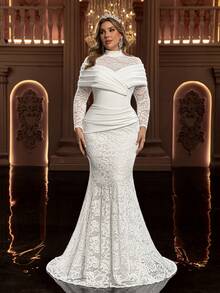 Glamrae فستان أنيق فاخر رومانسي مزين بالدانتيل الأبيض، طويل الأكمام، قصة ذيل حورية البحر، مناسب للزفاف، فستان العروس، عيد الحب - أبيض - مشاهدة 3