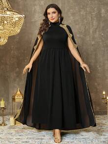 EMERY ROSE 大码闪亮高领披肩式连衣裙，优雅迷人，适合约会和派对 - 黑色 - 查看 7