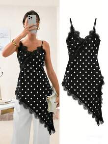Ritzy Row 波点V领蕾丝边饰不规则开衩时尚性感女士吊带背心，适合夏季假期、夏季上衣、女士情人节、女士狂欢节服装、女士沙滩装、沙滩、派对上衣、优雅女士上衣、波点上衣、女士度假。 - 黑色 - 查看 9