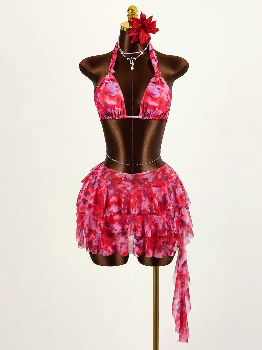 Elamini 女士夏季沙滩印花露背系带性感比基尼套装，含罩衫和裙子 - 紅色 - 查看 1