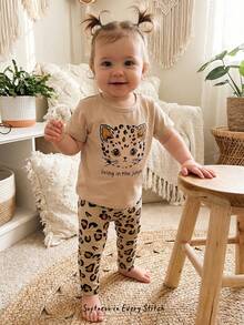 2件套女婴卡通动物印花针织柔软圆领短袖上衣和松紧腰裤套装