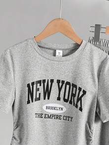 一件式短袖休闲印花春夏少女夏季通勤套装，运动休闲直筒裤，短袖轻便舒适两件套。 - 灰色 - 查看 6