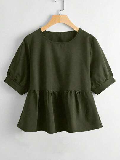 SHEIN Tall CURVE Plus Size Round Neck Puff Sleeve Cinched Waist + Peplum Hem Babydoll Blouse